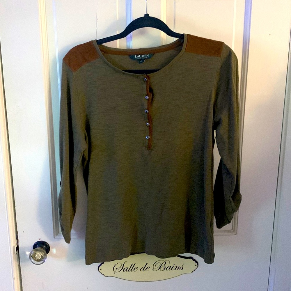 Lauren Ralph Lauren olive with brown suede trim top large